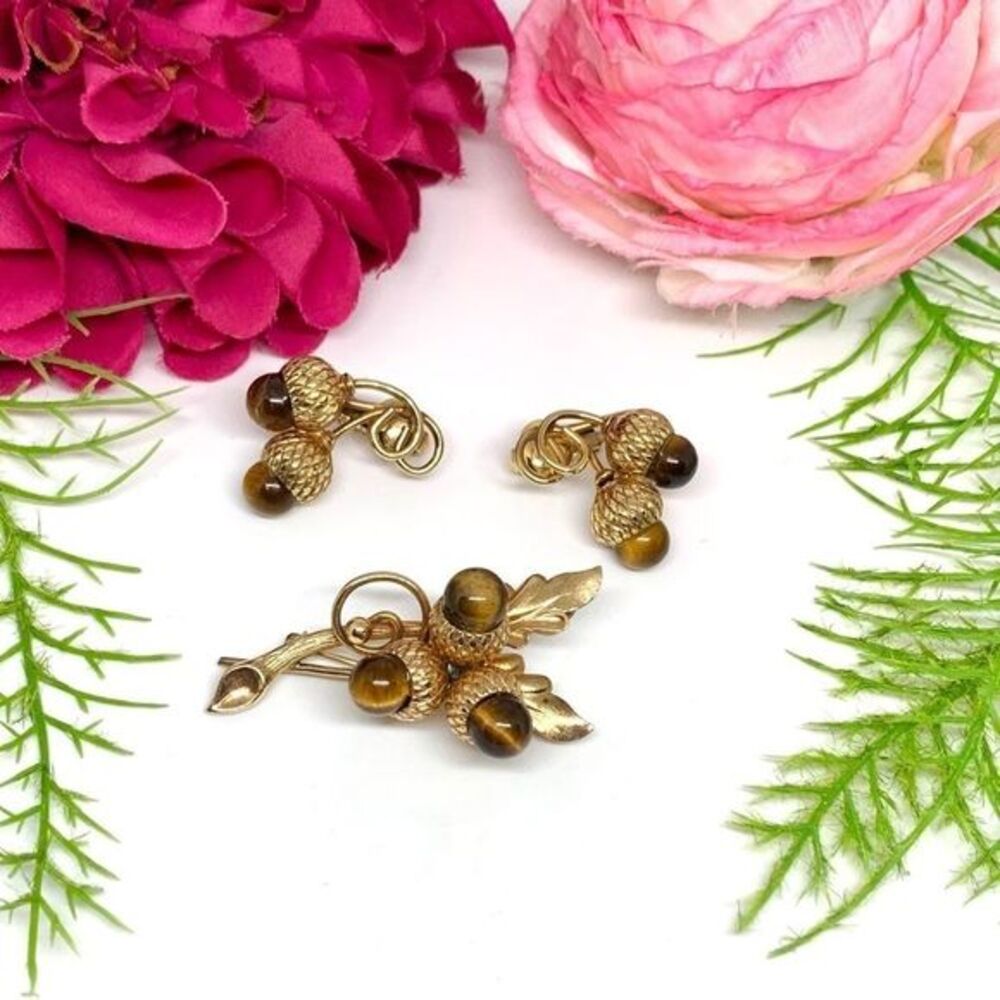 VINTAGE⚜️RARE WINARD 12K GF Real Tiger’s Eye Acorn Set